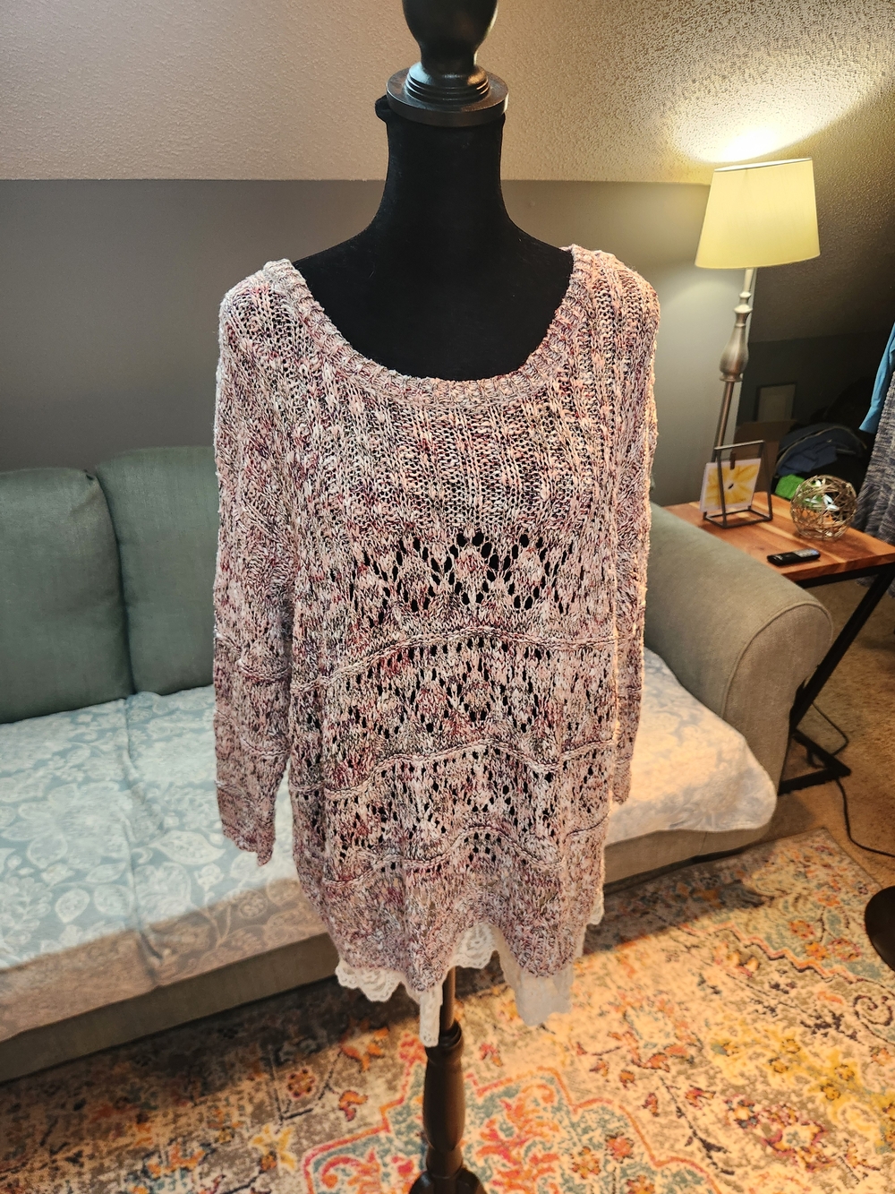 American Rag Burgundy marled sweater w sweet lace hem Xl cotton Ramie Blend